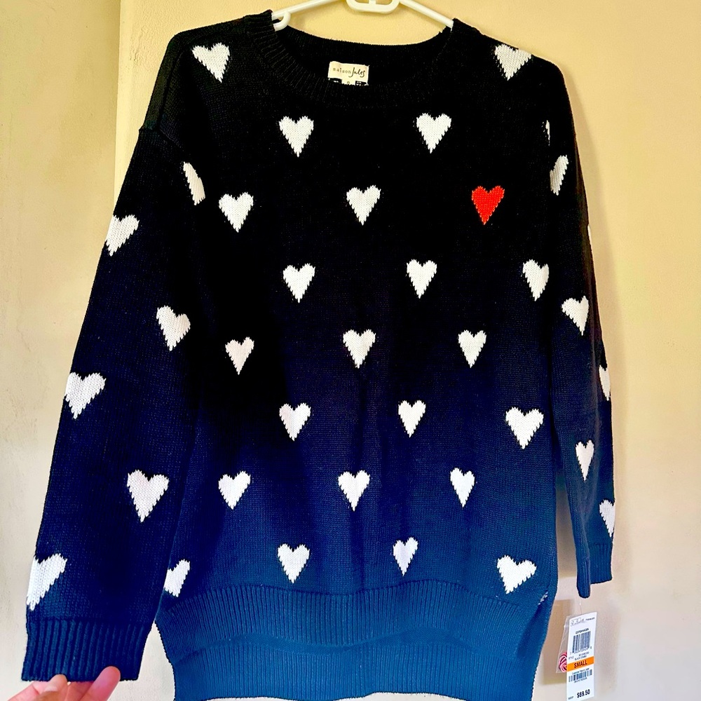 Maison Jules Black Sweater with White and Red Hearts